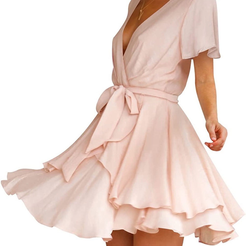 Deep V Pale Pink Ruffle Dress